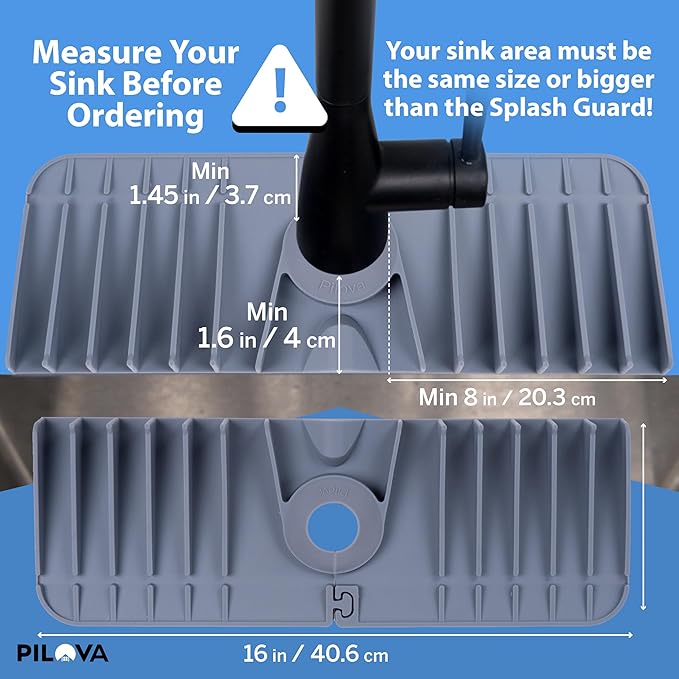 Premium Kitchen Sink Splash Guard - [16" x 5.7"] Silicone Sink Mat with Secure Clip, 10° Slope Silicone Faucet Mat for Kitchen Sink, Splash Guard Behind Faucet, Non-Slip Secure Fit