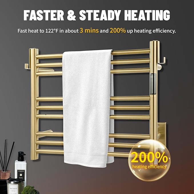 K&KALONZO Towel Warmer for Bathroom, Wall-Mounted 9-Bar Heated Towel Rack with Built-in Timer, Waterproof Electric Towel Heater, Support Plug-in and Hardwired, Brushed Gold, EL13S