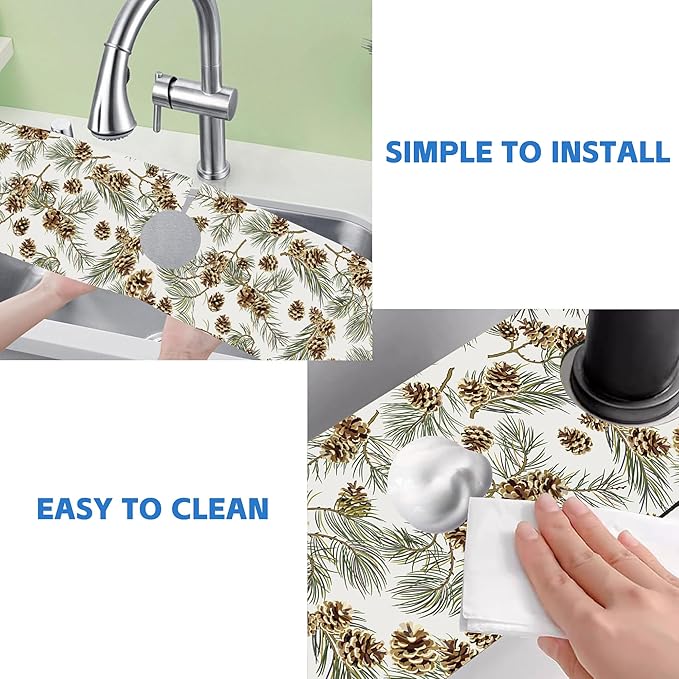 Abstract Pine Cones Sink Faucet Absorbing Mat Splash Guard Behind Faucet Sink Mat Absorbent Fast Drying Faucet Draining Mat for Bathroom Kitchen 5.5"×24"