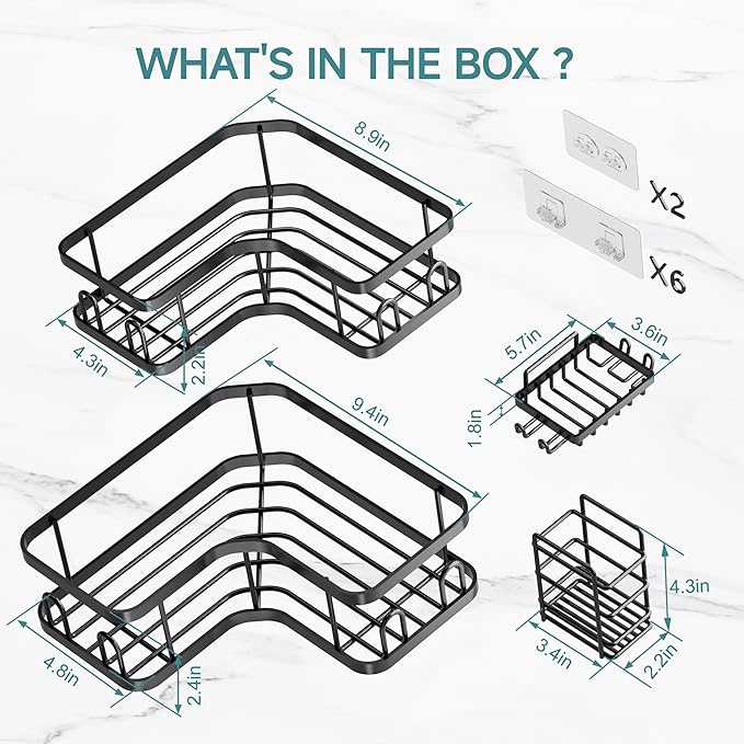 Veken Corner Shower Caddy 4-Pack, Advanced Rustproof Design, No Drilling Adhesive Shelves, Rack with Soap Holder, Large Capacity Bathroom Organizers and Storage, Wall-Mounted Kitchen & Home Decor