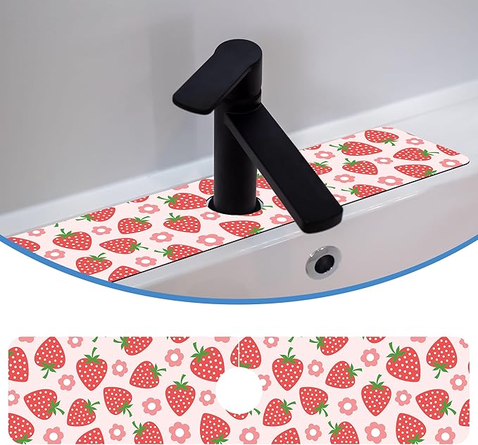 Faucet Mat for Kitchen Sink Beautiful Strawberry Flower, Soft Diatom Mud Material, Strong Water Absorption, Non-slip, Easy to Clean for Bathroom, Kitchen 23.5"X5.5"