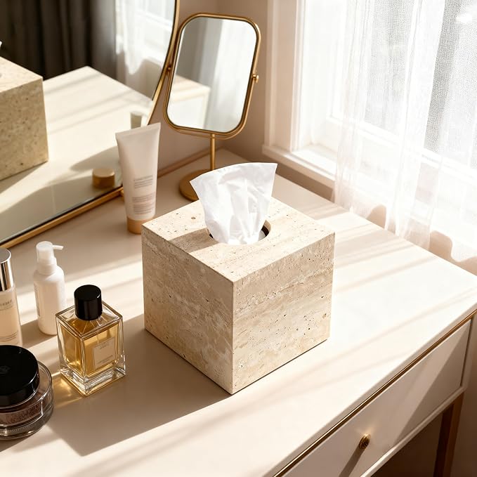 Natural Travertine Marble Tissue Box Holder Cover, Square Cube Tissue Box Holder with Open Bottom for Bathroom Vanity Tops, Bedroom Dressers, Kitchen Countertop, Travertine Beige(NS022)