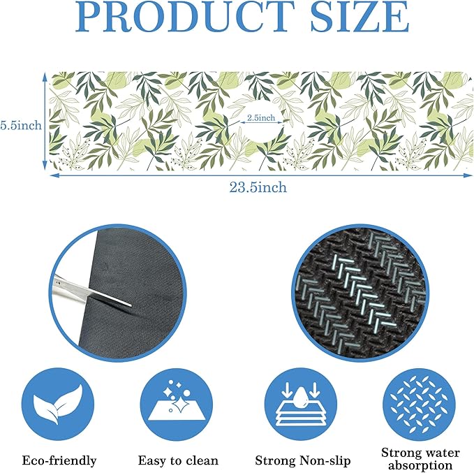 Faucet Mat for Kitchen Sink Artistic Green Leave Branche, Soft Diatom Mud Material, Strong Water Absorption, Non-slip, Easy to Clean for Bathroom, Kitchen 23.5"X5.5"