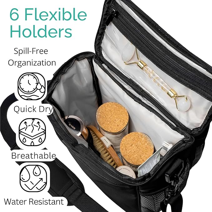 Portable XL Shower Caddy Bag - College Dorm Room Essentials for Men, Women, Students - Foldable, Water Resistant with Hanging Keychain Hook and Shoulder Strap Shower Organizer Bag (Black)
