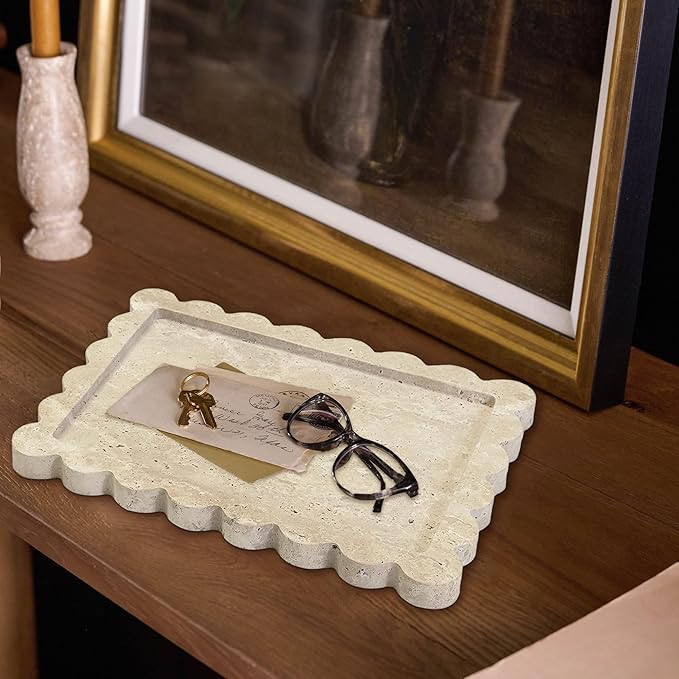 Prolee Scalloped Marble Tray,Marble Vanity Trays for Bathroom 12" x 9", Scalloped Tray,Wave Appearance Jewelry Home Decor Stone Trays for Kitchen Counter, Bathroom, Beige Travertine