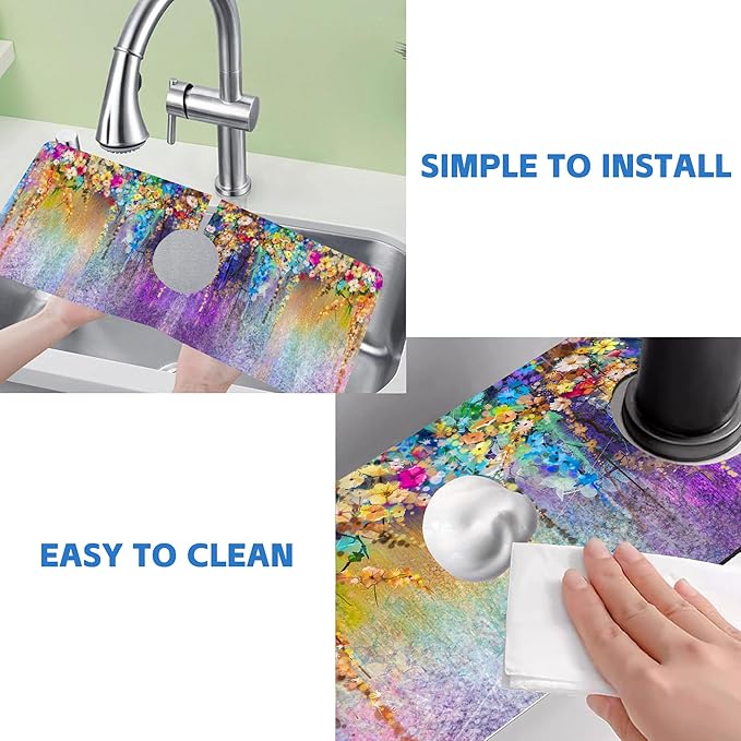 Abstract Watercolor Flowers Dish Drying Mat for Kitchen Sink Splash Guard Behind Faucet Sink Mat Absorbent Fast Drying Faucet Draining Mat for Bathroom Kitchen 5.5"×15"