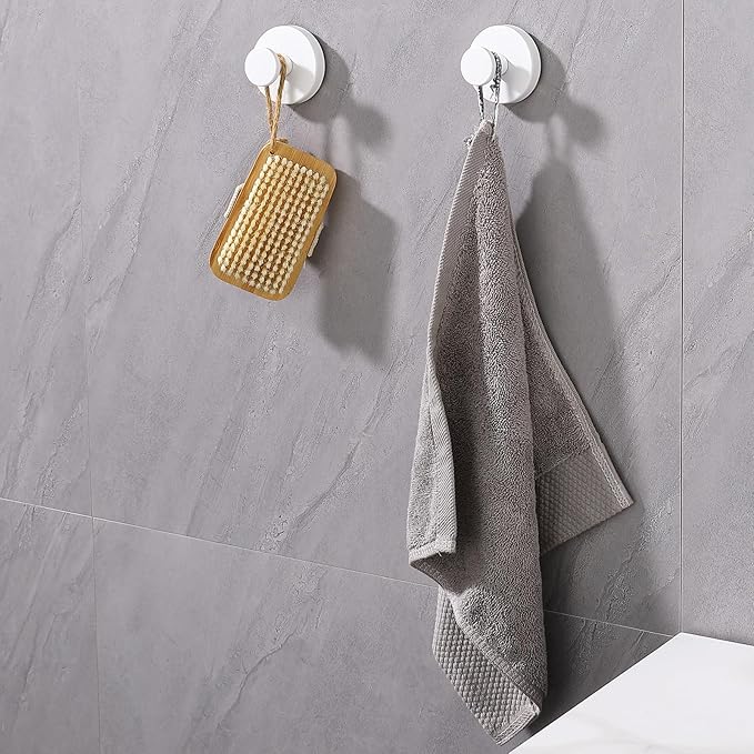 Suction Cup Hooks for Shower 2 Pack Stainless Steel No Drill Removable Waterproof Rustproof for Bathroom Kitchen Glass Mirror Tile to Hang Towels Robes Loofah Wreath (White)