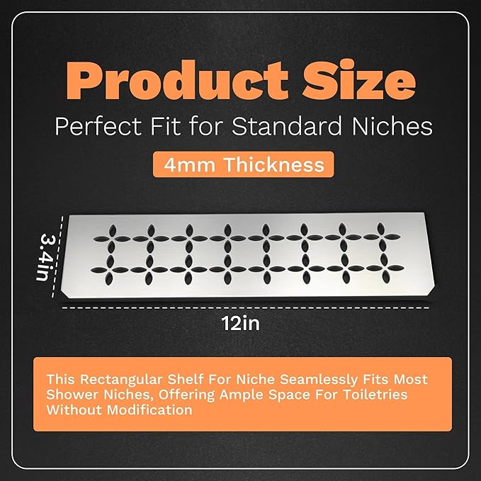 12 Inch Shower Niche Shelf 304 Stainless Steel Rectangular Bathroom Niche Shelf with Brushed Finish and Floral Design Fits Prefabricated Tile Niches 1 Pack