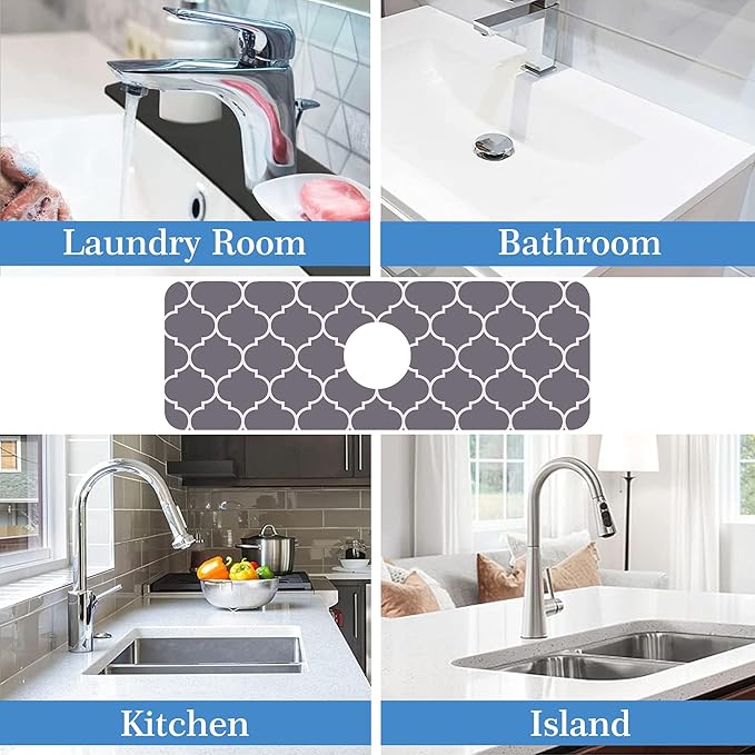 Faucet Mat for Kitchen Sink Stylish Grey Moroccan Art, Soft Diatom Mud Material, Strong Water Absorption, Non-slip, Easy to Clean for Bathroom, Kitchen 15"X5.5"