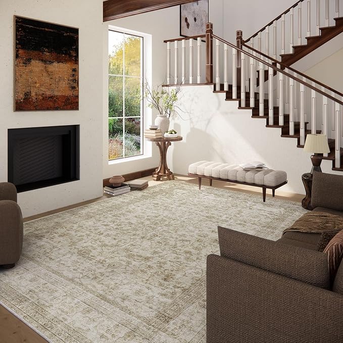 10x12 Area Rug Washable Rugs: Large Living Room Rug Stain Resistant Non Slip Distressed Vintage Low Pile Faux Wool Soft Carpet for Bedroom Farmhouse Dining Room Kids Playroom Nursery