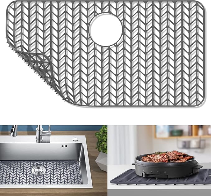 GUUKIN Sink Protectors for Kitchen Sink - 28.4"x 15.2" Silicone Kitchen Sink Mat Grid for Bottom of Farmhouse Stainless Steel Porcelain Sink with Rear Drain（Grey）, 2815B