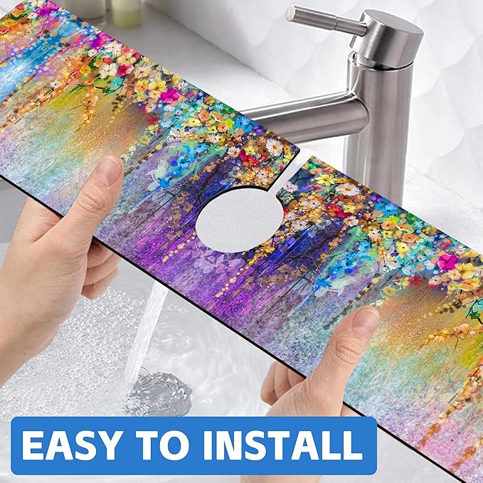 Abstract Watercolor Flowers Dish Drying Mat for Kitchen Sink Splash Guard Behind Faucet Sink Mat Absorbent Fast Drying Faucet Draining Mat for Bathroom Kitchen 5.5"×24"