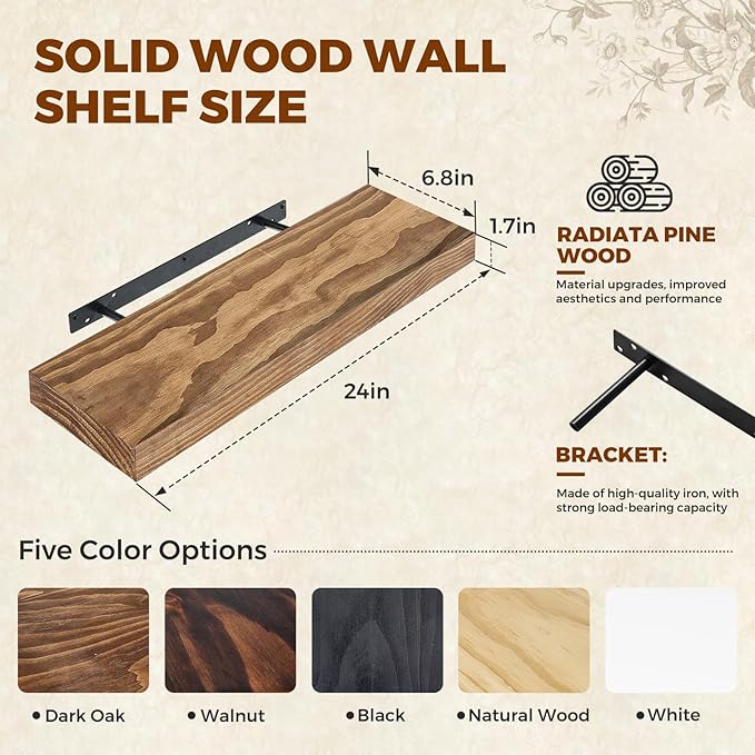 Floating Wall Shelves 24x6.8x1.7 Inch – Solid Wood Rustic Shelves in Dark Oak Finish – Wall Mounted Display Shelf for Bathroom, Kitchen, Bedroom – Set of 3