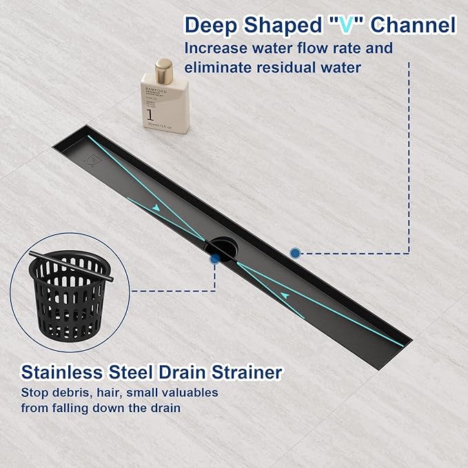 Neodrain 28-Inch Black Linear Shower Drain,with 2-in-1 Flat & Tile Insert Shiny Black Cover, Rectangle Shower Floor Drain, Floor Shower Drain with Adjustable Leveling Feet, Hair Strainer