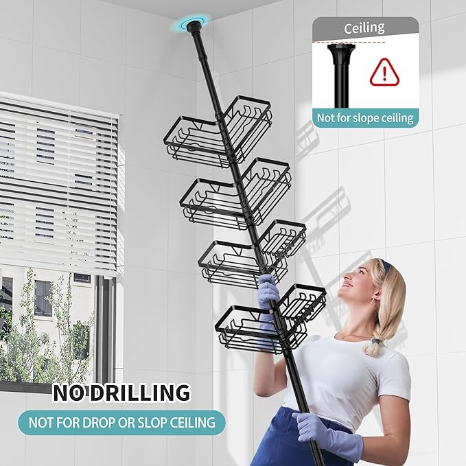 KEGII Shower Caddy Corner Tension Pole with Toothbrush Holder - Adjustable Corner Shower Organizer with Tooth Brush Holder, No Drilling Rustproof Bathroom Shelf Storage Rack, Fits 25-114.2 Inch