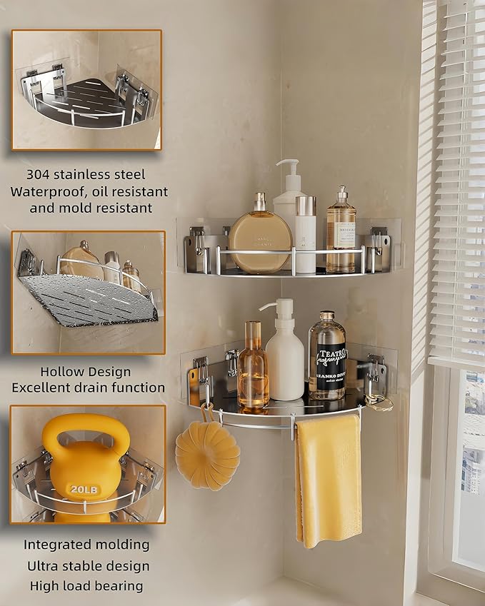 Bathroom Corner Shelf, 304 Stainless Steel, Integrated Molding Shower Caddy, Wall Mounted Bathroom Rack with Nail Free Adhesive, Suit for Storage Racks in Bathroom Kitchen(2 Pack)