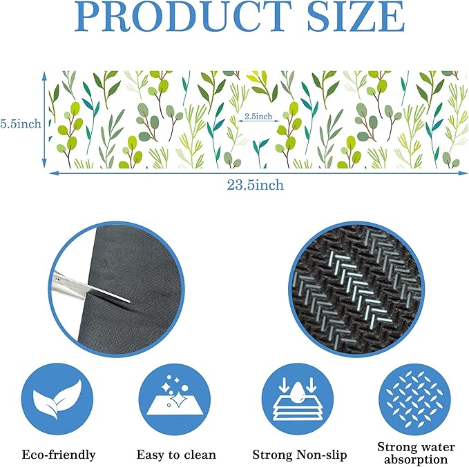 Faucet Mat for Kitchen Sink Color Art Leaves Grass, Soft Diatom Mud Material, Strong Water Absorption, Non-slip, Easy to Clean for Bathroom, Kitchen 23.5"X5.5"