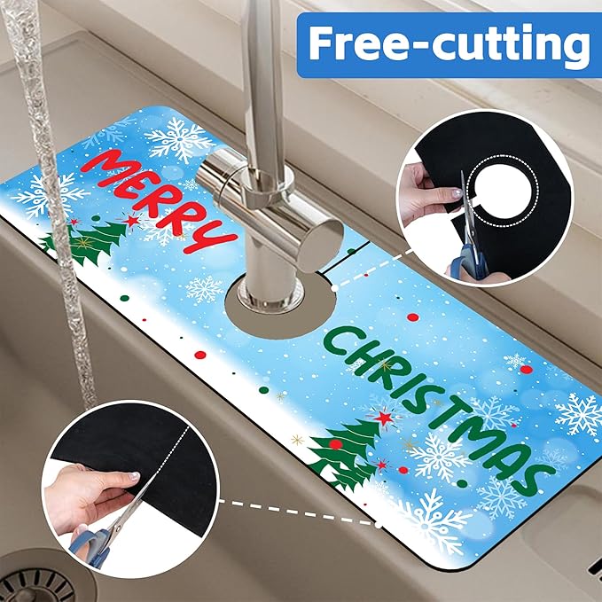 Christmas Tree Snowflakes Dish Drying Mat for Kitchen Sink Splash Guard Behind Faucet Sink Mat Absorbent Fast Drying Faucet Draining Mat for Bathroom Kitchen 5.5"×15"