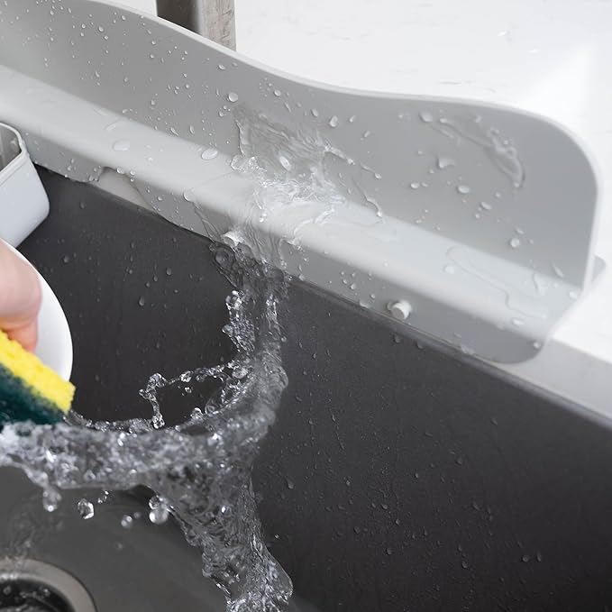 Silicone Sink Splash Guard with Sponge Holder -19.5" x 4.5" x 2.5", Sink Silicone Splash Guard - Strong Suction - Sink Edge Protectors for Kitchen Sink - Farmhouse Kitchen Sink Splash Guard - Gray