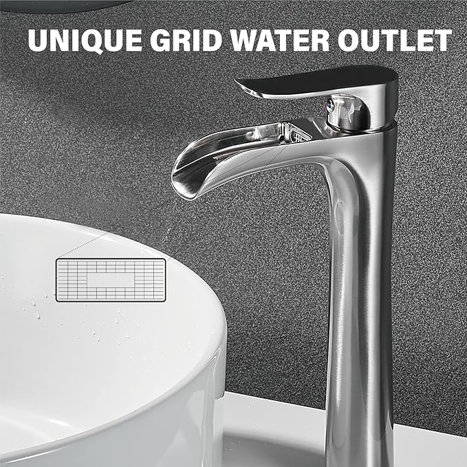 YUNDOOM Vessel Sink Faucet,Brushed Nickel Single Handle Single Hole Tall Bathroom Bowl Sink Faucet, Waterfall Bathroom Faucet