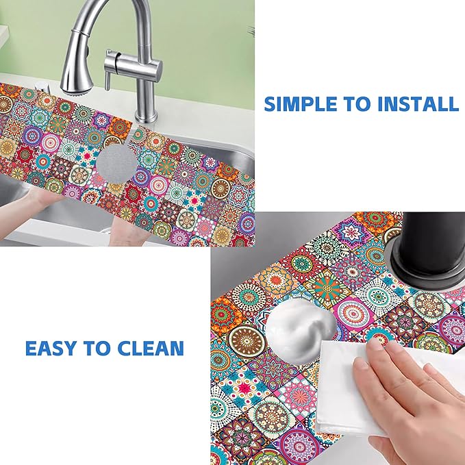 Faucet Draining Mat For Kitchen Sink Mexican Tiles Diatom Mud Absorbent Drain Pad For Bathroom Kitchen Sink Splash Guard Drying Mat 5.5"×24"