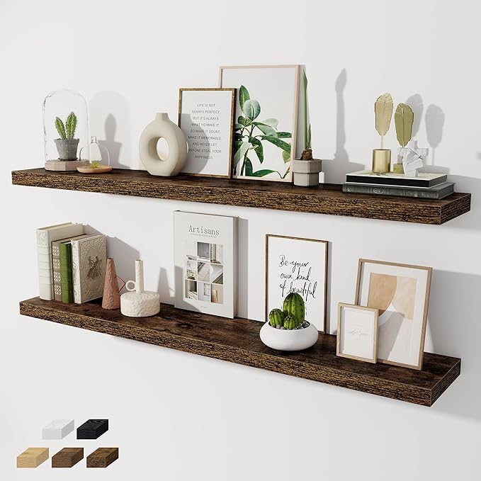 Fun Memories 55 Inch Long Floating Shelves for Wall, 8" Deep Floating Shelves for Bathroom Living Room Bedroom, Rustic Wall Mounted Shelf with Invisible Heavy-Duty Bracket, Set of 2, Rustic Brown