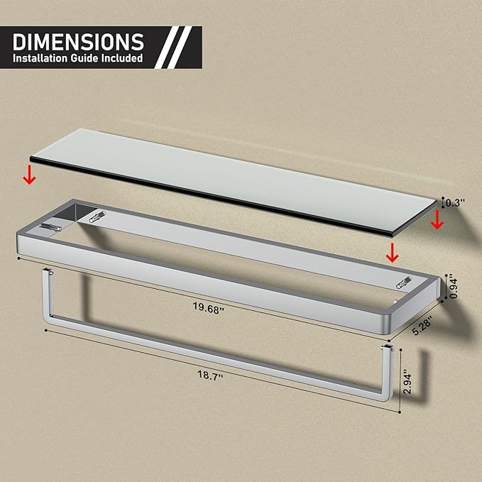 Bathroom Shelves Glass Bathroom Shelf with Towel Bar, Floating Shelves for Living Room/Study Room Tempered Glass Rectangular 1 Tier Organizer Wall Shelf (Chrome Polished, 20'')