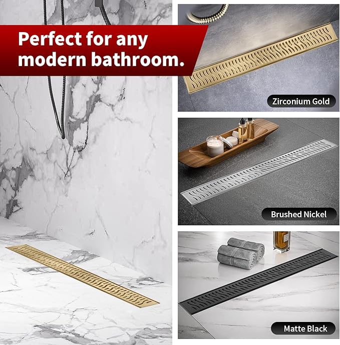 Sharp-tec Linear Shower Drain, 32 inch Shower Drain with Removable Pattern Cover, Brushed Gold 304 Stainless Steel Rectangle Floor Drain, Adjustable Feet and Hair Strainer Included