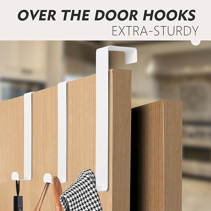 Over The Door Hooks, 2-Pack Heavy Duty Towel Rack Hanger for Bathroom, Bedroom, Dorm Room, Fixed Door Hooks for Hanging Robe, Coat, Towel, Organizer (White)