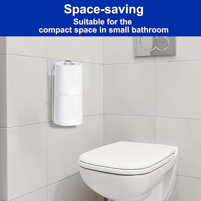 Bathroom Toilet Paper Holder with Storage Extra 2 Rolls, Over The Tank Toilet Paper Holder Wall Mount, Small Restroom Organizer, Adhesive RV Tissue Storage, Stainless Steel, Silver, 1PC