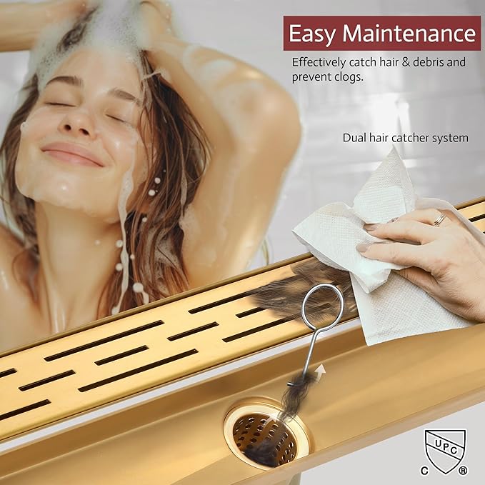 24 Inch Linear Shower Drain, Brushed Brighter Gold Shower Drain,Removable Grate, 304 Stainless Steel, Easy to Install and Clean for Bathrooms (Drain Base Not Included), LSD-01A-24BG