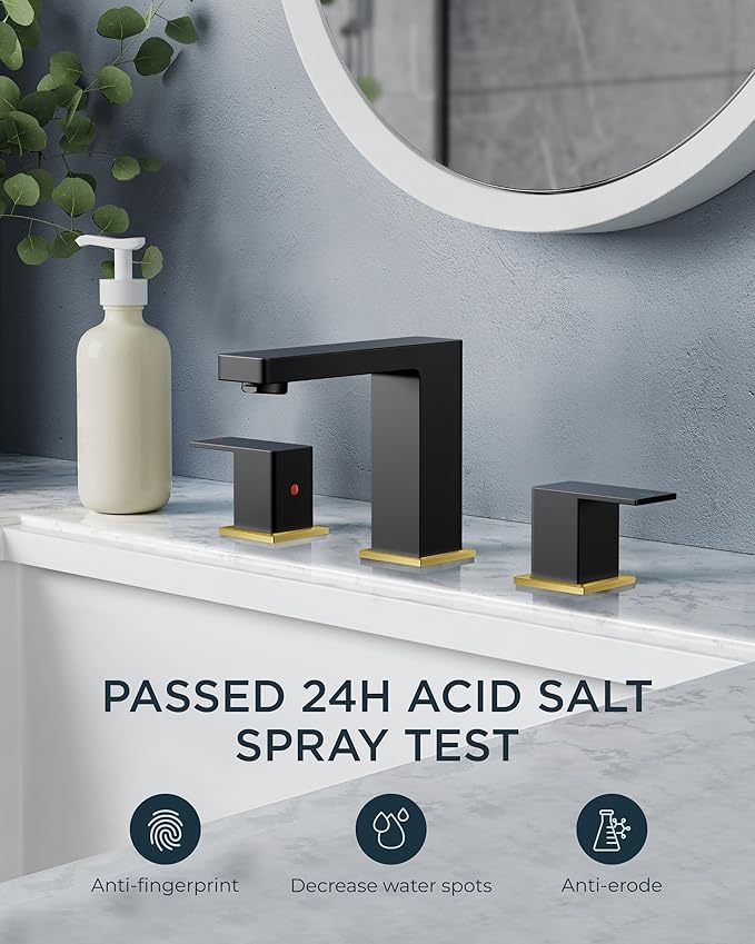 FORIOUS 8 Inch Widespread Black and Gold Bathroom Faucet Square, 2 Handle 6 Inch Matte Black Faucets for Bathroom Sink 3 Hole 8-10 Inch Vanity Sink, with Pop-up Drain, Hot and Cold Water Hoses
