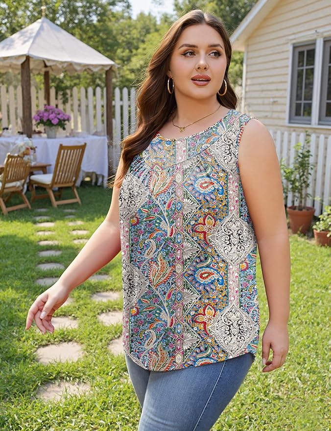 AKEWEI Womens Plus Size Tank Tops Ladies Sleeveless Summer Pleated Tops Oversized Flowy Tunics XL-5XL
