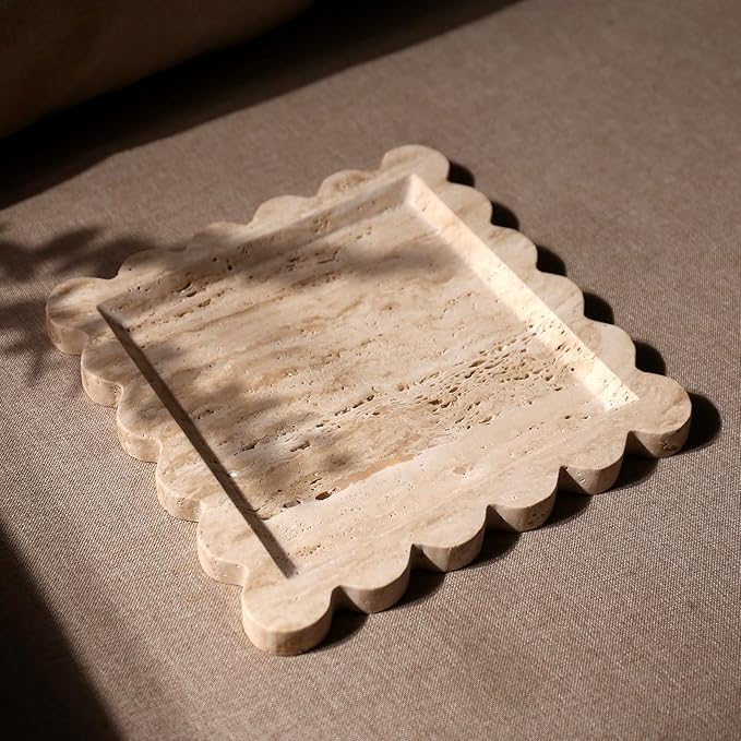Natural 100% Marble Vanity Tray Luxury Scalloped Marble Tray, Travertine Tray for Home Decor Bathroom Kitchen Candle Key (Square-9.8 * 9.8-Beige Travertine)