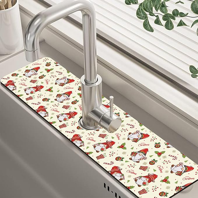 Christmas Santa Claus Kitchen Sink Splash Guard Mat Absorbent Fast Drying Mat Faucet Draining Mat Sink Splash Guard Behind Faucet Drip Catcher for Kitchen Bathroom 5.5"×24"