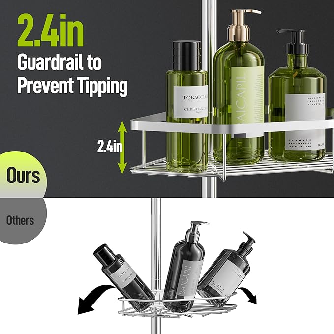 LAMU Corner Shower Caddy Tension Pole, Stainless Steel Shower Organizer, Strong Spring, 5 Adhesive Pads, 2.4" Non-Slip Grid Base, Adjustable 4-Tier Basket, 4 Hooks, Fits Heights 37.8-124", Silver