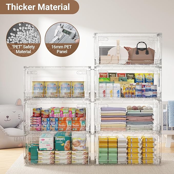 BROVIEW 400Qt Stackable Storage Bins with Lids Wheels, XL Clear Plastic Drawers Foldable Closet Organizers and Storage Cabinet Display Box Shelves with Front & Back Doors, for Home Office Garage,5Pack