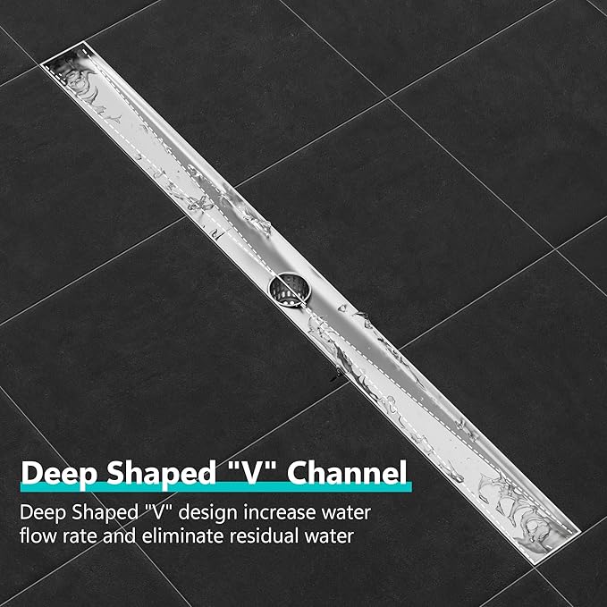Neodrain 32-Inch Linear Shower Drain with Removable Quadrato Pattern Grate, Brushed 304 Stainless Steel Rectangle Shower Floor Drain, Linear Drain with Leveling Feet,Hair Strainer