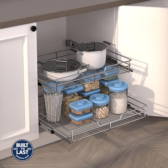 (26" W x 22" D 2-Tier Cabinet Roll Out Shelves | Extra Wide Slide Out Drawers for Kitchen Cabinets, Heavy Duty Pull Out Cabinet Organizer 22 Inch Deep