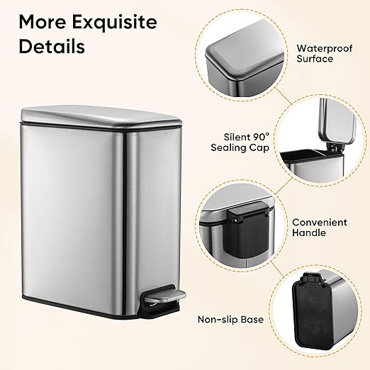 1.3 Gallons 5 Liter Stainless Steel Trash Can Dust Bin Waste Bin Kitchen Bathroom Garbage Can Pedal with Lid Silver