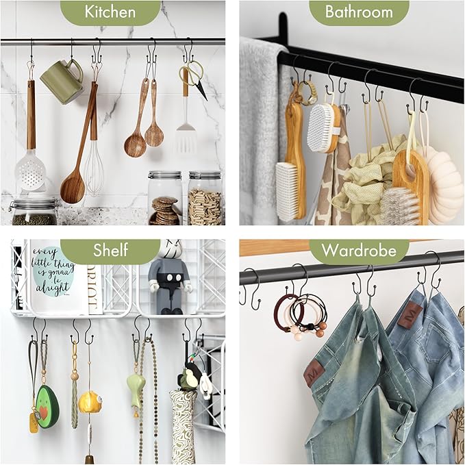 AmazerBath Shower Curtain Hooks Black Shower Curtain Rings, Simple Double Hook Shower Curtain Hooks Rust Proof, Smooth Sturdy Metal Shower Hooks for Shower Curtain Rod, 12 Pcs Shower Rod Hooks