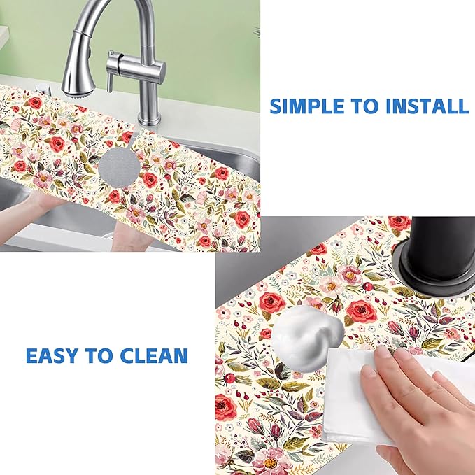 Abstract Red Pink Floral Dish Drying Mat for Kitchen Sink Splash Guard Behind Faucet Sink Mat Absorbent Fast Drying Faucet Draining Mat for Bathroom Kitchen 5.5"×24"