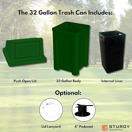 Campus Collection 32 Gallon Square 100% Recycled Plastic Heavy Duty Indoor or Outdoor Commercial Trash Can with Push Lid | Great for Schools and Businesses - Green