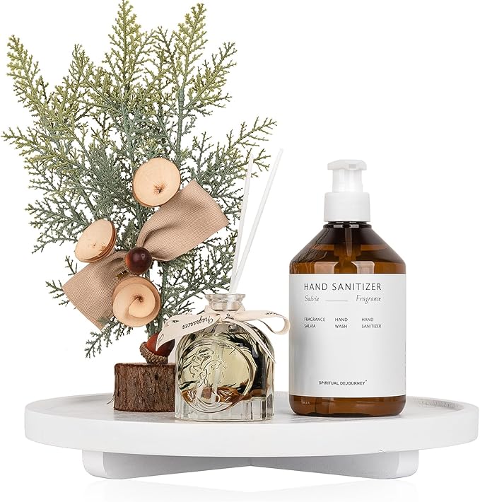 Round Decorative Tray Wood Bathroom Counter Organizer Farmhouse Kitchen Decor Wooden Riser for Soap Dish, Perfume, Candle, Sponge, 11" - White
