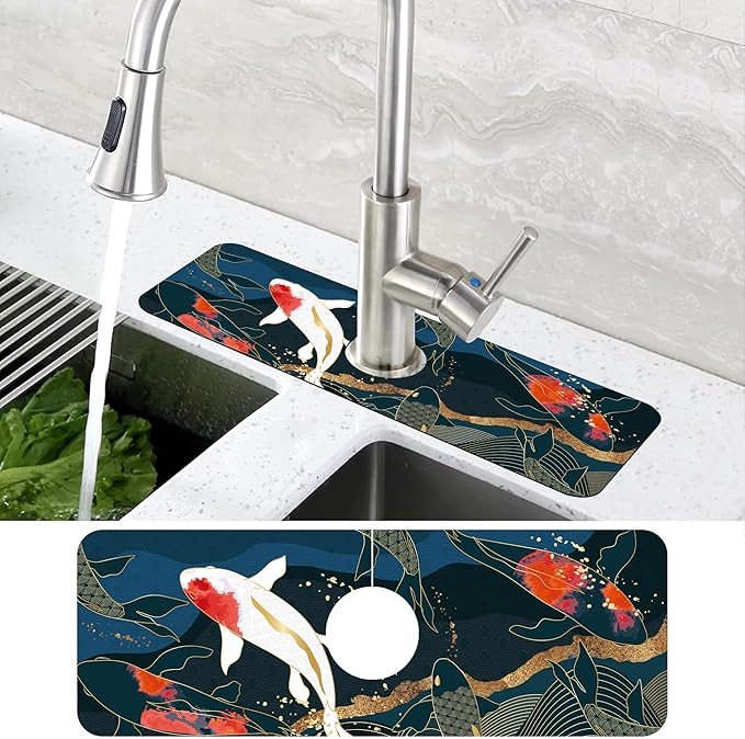 Oriental Japanese Koi Fish Sink Faucet Absorbing Mat Sink Splash Guard Faucet Mat Draining Mat Fast Drying Sink Protectors for Kitchen and Bathroom 5.5"×15"