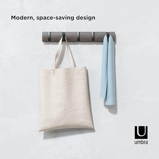Umbra Flip Wall-Mounted Coat Rack with 5 Hooks – Modern, Space-Saving Storage for Hats, Jackets, Bags, Entryway, Mudroom, Closet, Bathroom, Bedroom – Grey/Pewter