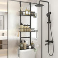 Over The Door Shower Caddy, 304 Stainless Steel Hanging Bathroom Organizer, Pantry Organizer & Kitchen Storage Rack with 3 Adjustable Shelves, No Drilling Hanging Shelf with 14 Hooks, Black