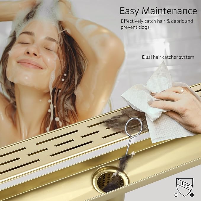 28 Inch Linear Shower Drain, Brushed Gold Shower Drain,Removable Grate, 304 Stainless Steel, Easy to Install and Clean for Bathrooms (Drain Base Not Included), LSD-01A-28G