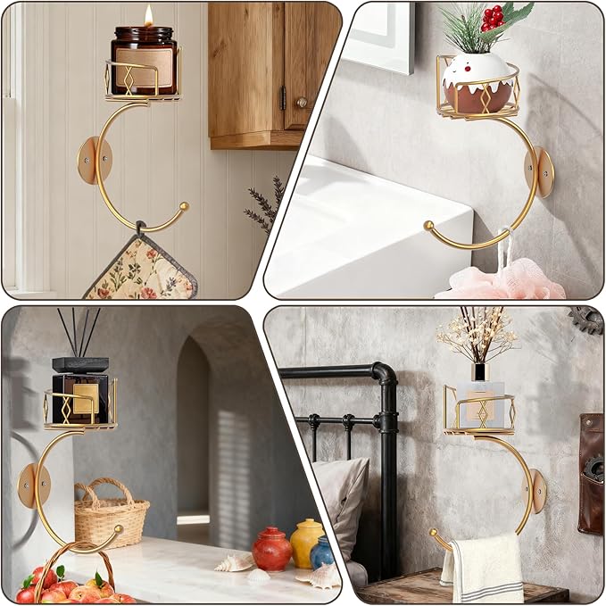 Vintage Towel Hook with Exquisite Candle Holder, Metal Sturdy Wall-Mounted Hand Towel Holder for Bathroom, Hand Towel Racks/Robe Hanger for Bathroom Decor Accessories(Gold)