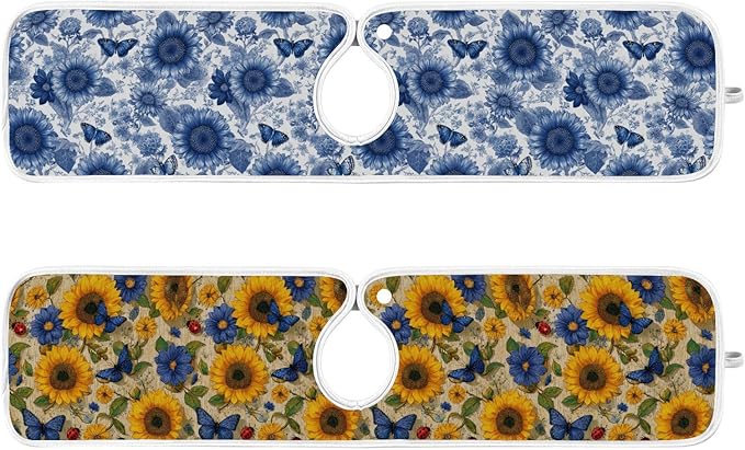 2 PCS Kitchen Sink Splash Guard 23.6 Inch Faucet Mat for Kitchen Sink Bathroom Sink Faucet Absorbing Drip Drain Mat Pad Microfiber Soft Washable Vintage Beige and Blue Sunflowers Butterflies